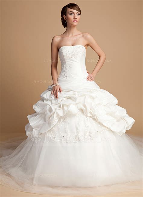 Ball Gown Strapless Cathedral Train Taffeta Tulle Wedding Dress With