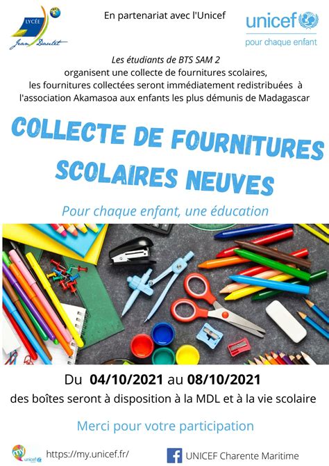 Collecte de fournitures scolaires pour l UNICEF Lycée Jean Dautet à