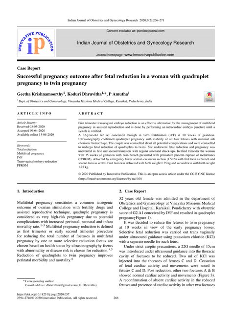 PDF Successful Pregnancy Outcome After Fetal Reduction In A Woman