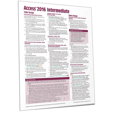 Access 2016 Intermediate Quick Reference Cheat Sheet Guide Card Beezix