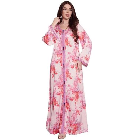 Long Sleeve Satin Printed Abayas Elegant Dubai Muslim Women Party