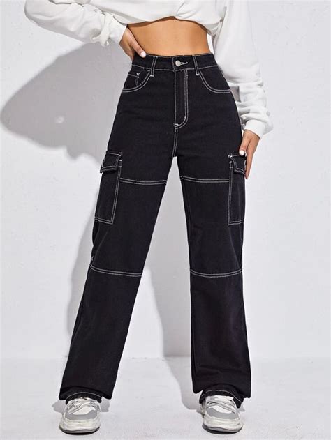 High Waist Flap Pocket Whip Stitch Jeans Shein Uk Stylish Jeans Top