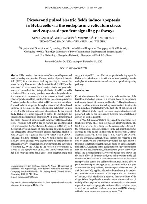 Pdf Picosecond Pulsed Electric Fields Induce Apoptosis In Hela Cells