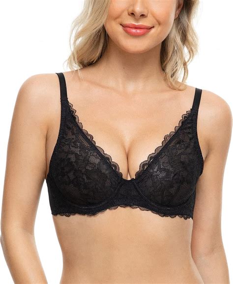 Deyllo Womens Lace Bra Sexy Sheer Underwire Bra Low Cut Unlined Plunge At Amazon Womens