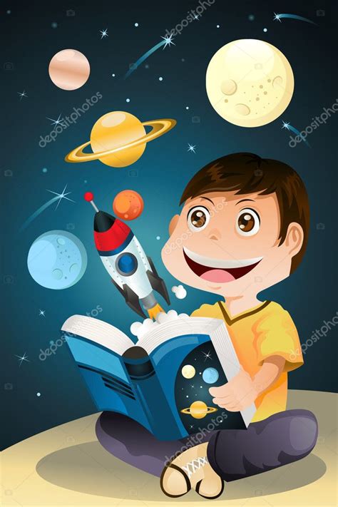 Boy Reading Astronomy Book — Stock Vector © Artisticco 8178494