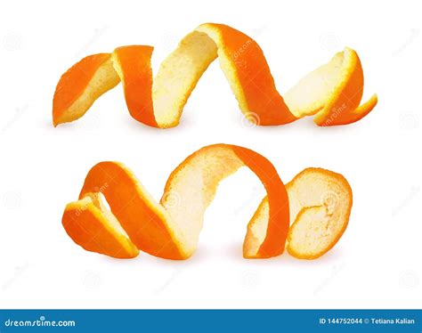 Close Up Spiral Peeled Fresh Orange Peels Isolated On White Background