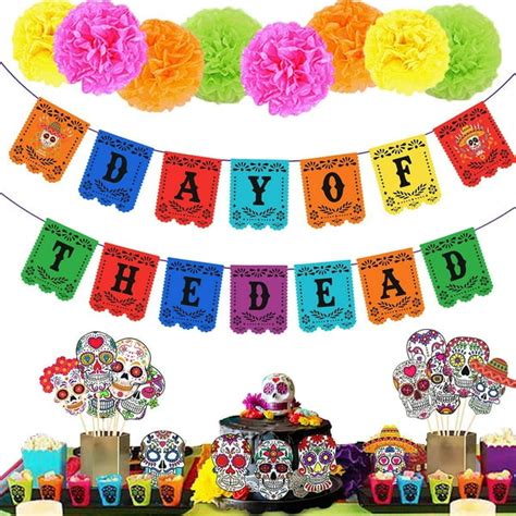 Day of the Dead Decorations, Dia De Los Muertos Party Decorations with Banner, 20 Pcs Day of the ...