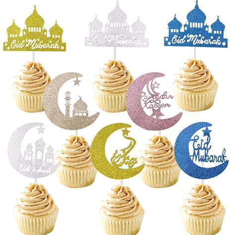 10pcs Lot Eid Mubarak Cupcake Topper Bling Gold Silver Moon Temple