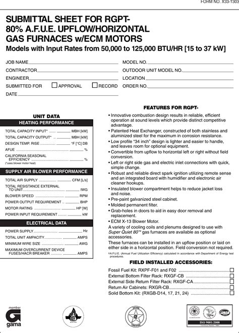 Rheem Classic Series 80 Afue Single Stage X 13 Motor Submittal Sheet