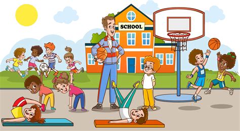 Children doing various sports in physical education class at school ...