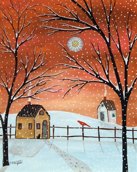 Winter Cabins Canvas Landscape Painting X Inch Folk Art Abstract