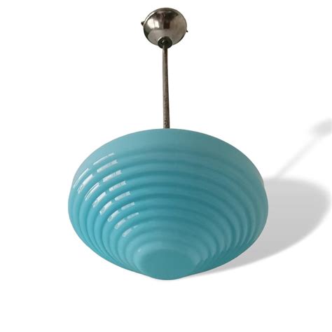 Tall Art Deco Style Opal Blue Ribbed Glass Pendant Lamp 1950s For Sale