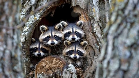 Curious Raccoon Family in Tree Hollow Playful Wildlife Scene Raccoon Siblings Portrait Nature ...