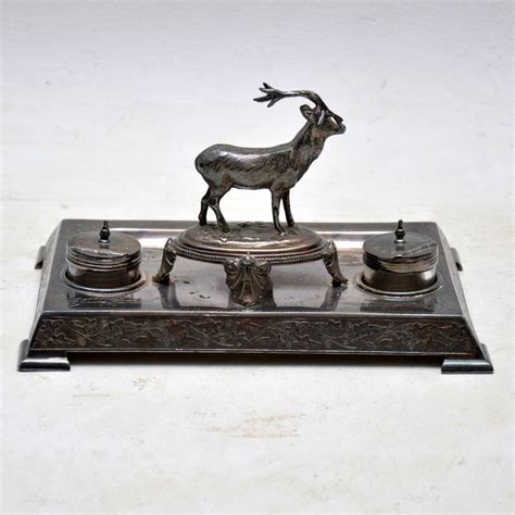 Antique Silver Plate Stag Inkwell Stand By James Deakin Marylebone