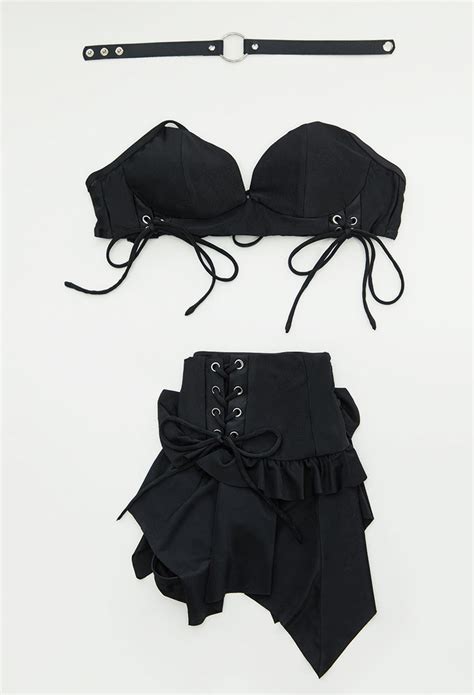 Women Gothic Black Two Piece Swimsuit Bikini Set Halter Top And Irregular Mini Skirt Bathing