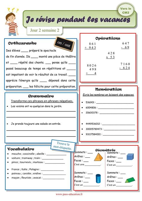 Cahier de vacances gratuit à imprimer CM1 vers le CM2 Juillet en