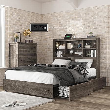 Amazon.com: LUXOAK King Size Bed Frame with Bookcase Headboard, Wooden