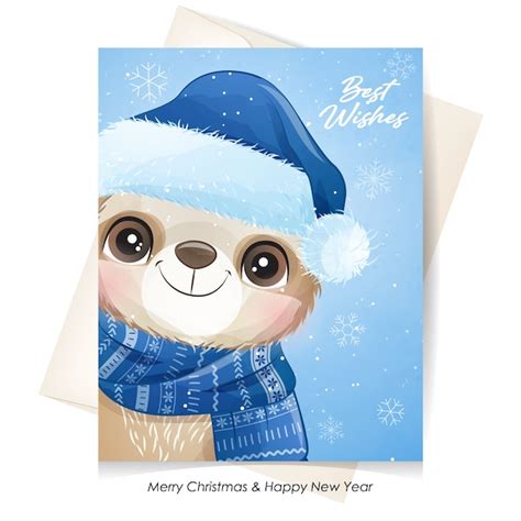 Paresseux mignon pour Noël avec illustration aquarelle Vecteur Premium