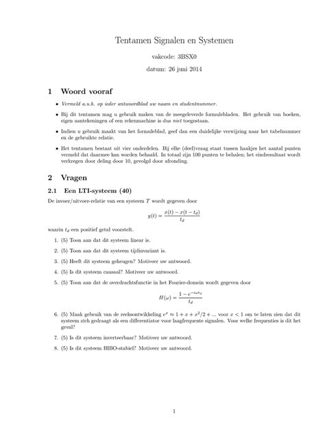 Tentamen 26 Juni 2014 Vragen En Antwoorden Tentamen Signalen En