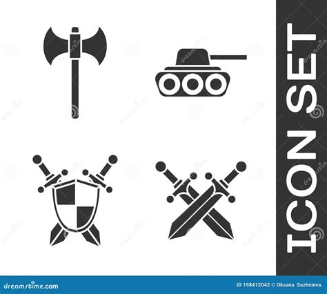 Set Crossed Medieval Sword Medieval Axe Medieval Shield With Crossed Swords And Military Tank