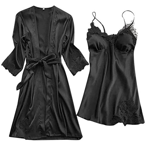 Gersome Womens Satin Robes Set Silk Pajamas Sets 2 Piece Lace Cami