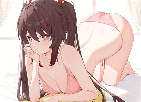 Ass Barefoot Blush Bra Breasts Brown Hair Cleavage Genshin Impact Hu