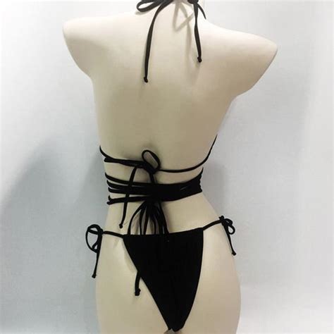 Buy Adjustable Lace Up Ring Connection Sexy Bikini Solid Color Halter Pleated Bra High Waist