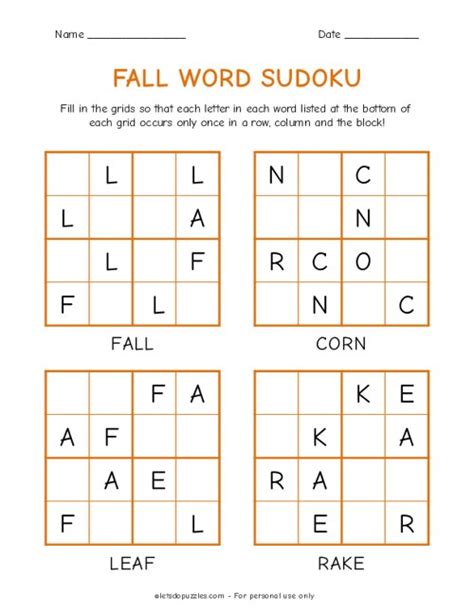 Fall Word Sudoku for Kids | Easy 4x4