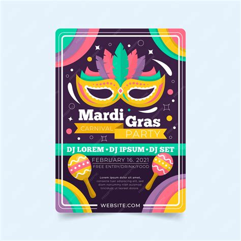 Плоский дизайн флаера марди гра с маской и маракасами | Премиум векторы