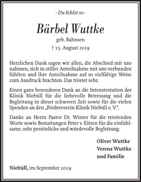 Traueranzeigen von Bärbel Wuttke sh z Trauer