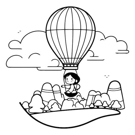 Premium Vector Vector Illustration Of A Girl Flying In A Hot Air Balloon In The Sky