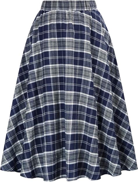 Women S Casual Plaid A Line Pleated Midi Skirt With Pockets Navy Blue L