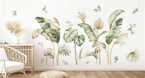 Decalmile Green Tropical Leaves Wall Decals Tropical Flower