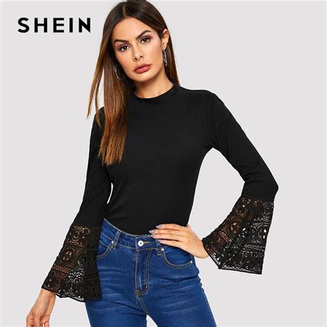 Shein Black Floral Lace Insert Bell Sleeve Tee Elegant Plain Slim Fit