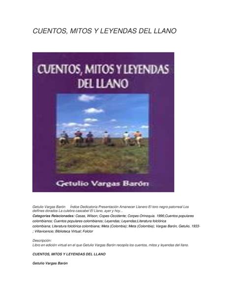 Cuentos Mitos Y Leyendas CUENTOS MITOS Y LEYENDAS DEL LLANO Getulio