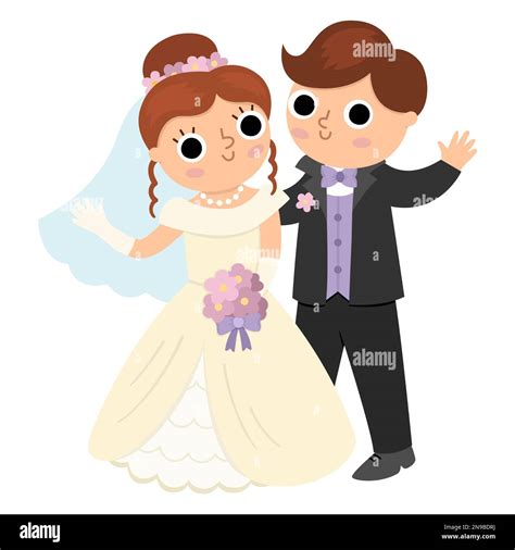 Vector Illustration With Bride And Groom Waving Hands Cute Just