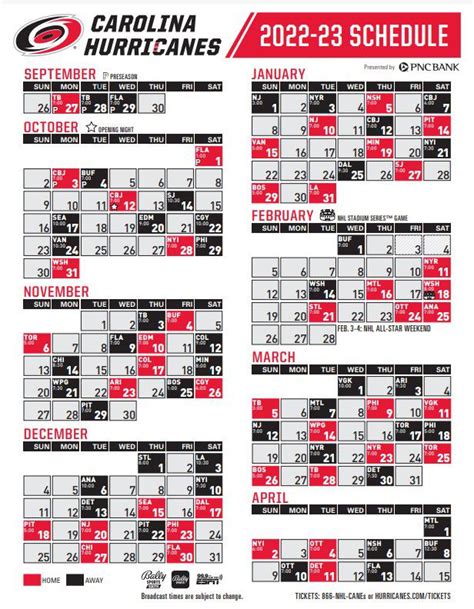 Carolina Hurricanes Printable Schedule