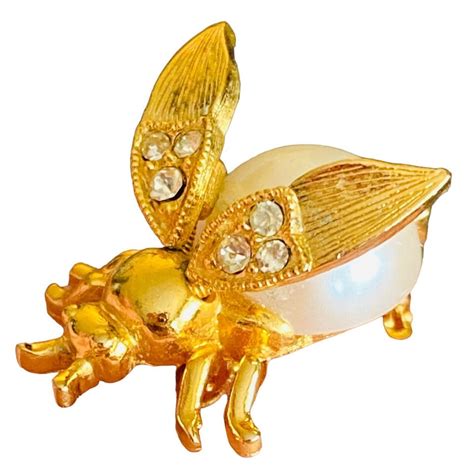 Trembler Bee Wings Move Insect Bug Pin Brooch Rhinestones Vintage Gold