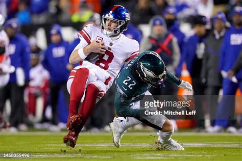 Marcus Epps Of The Philadelphia Eagles Tackles Daniel Jones Of The