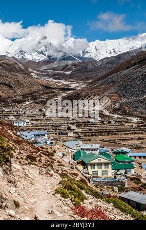 Nepal Island Peak Trek Looking Across Walled Field Enclosures Towards