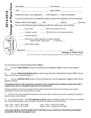 Fillable Online Housing Uic Change Of Plans Form Campus Housing