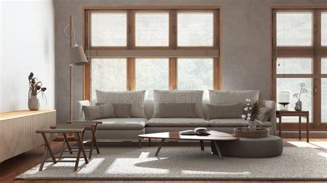 Japandi Minimalist Living Room In White And Beige Tones Fabric Sofa