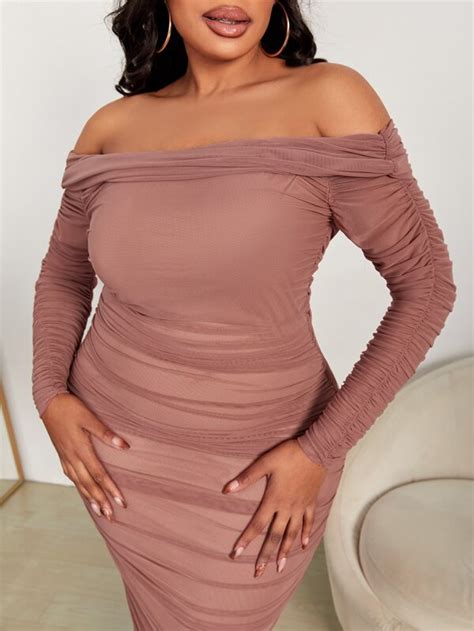 Shein Slayr Plus Off Shoulder Ruched Mesh Bodycon Dress Shein Usa