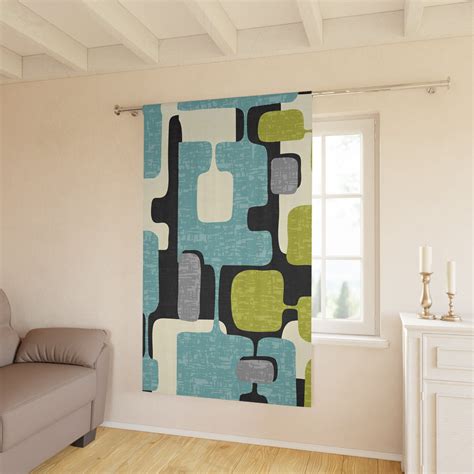 Mid Century Modern Window Curtains, Aqua Blue, Green, Slate Gray, Black Retro Window Curtains (1 ...