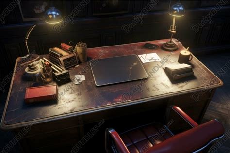 Vintage office desk with retro accessories under warm lighti