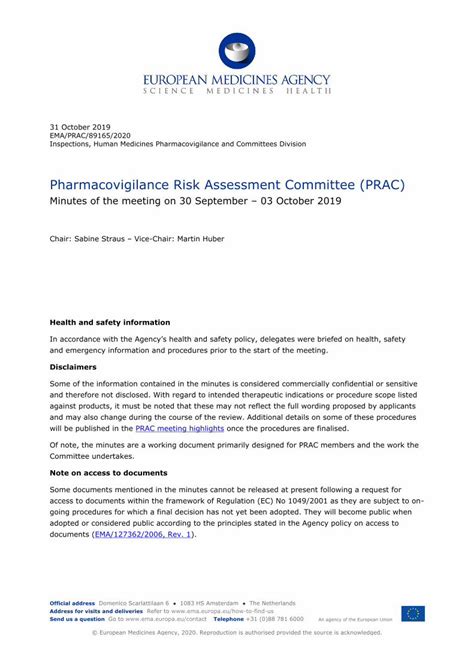 Pdf Pharmacovigilance Risk Assessment Committee Prac · Of Note The Minutes Are A Working