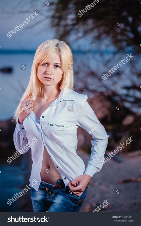 Blonde Girl Walking Barefoot Jeans White Stock Photo Shutterstock