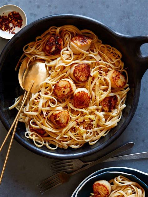 Scallop Linguine Tossed In Browned Butter Sauce Spoon Fork Bacon