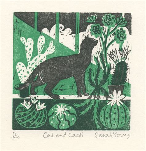 Cat And Cactus Woodcut By Sarah Young Love This Green And Black