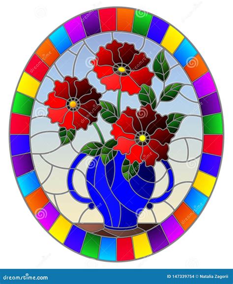 Stained Glass Illustration With Still Life Bouquet Of Red Flowers In A